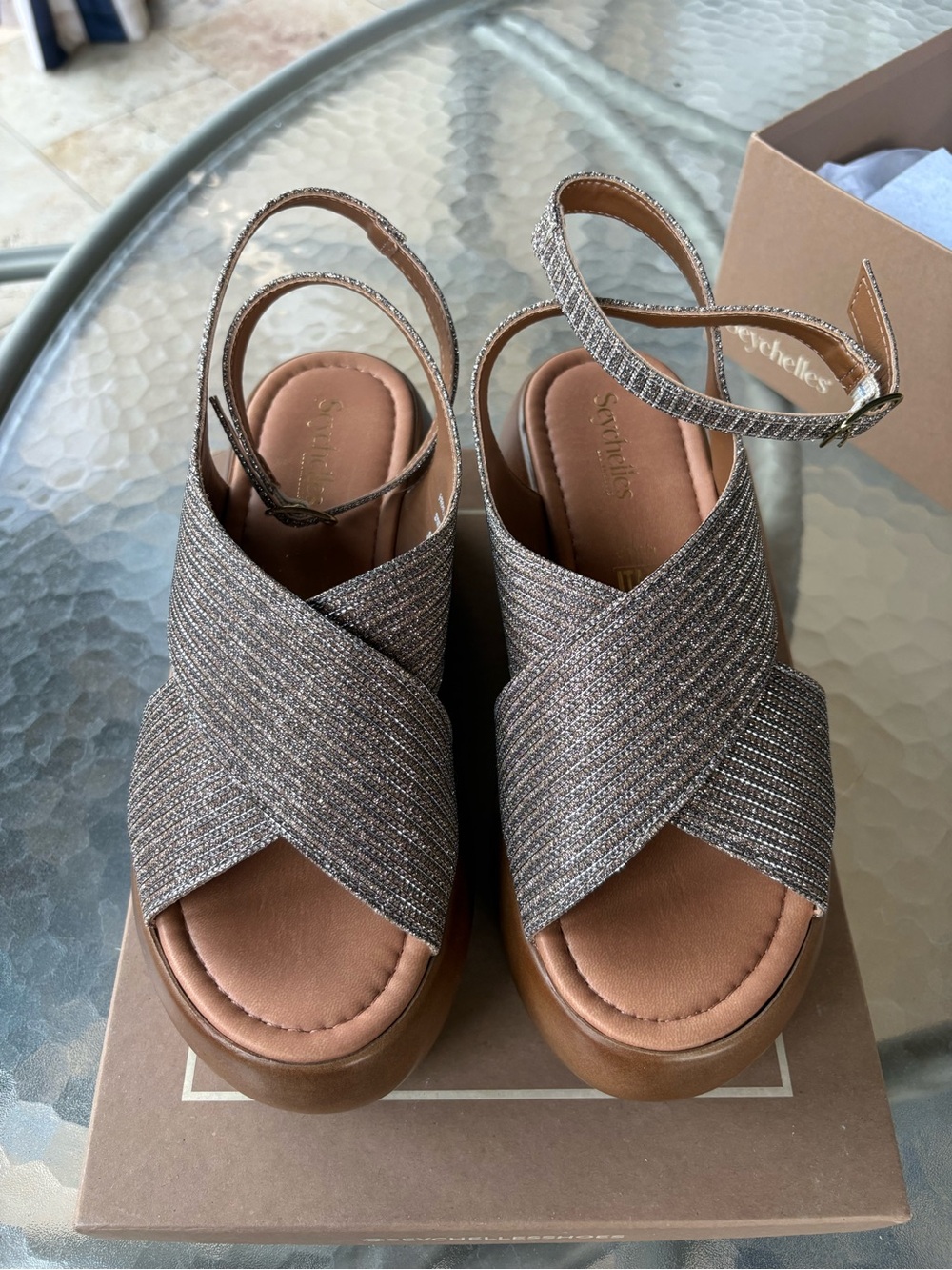 Seychelles Metallic Taupe Cross-Strap Platform Sandals